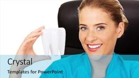  Presentation with endodontics - Slide deck enhanced with endodontics - young female dentist holding tooth background and a cyan colored foreground