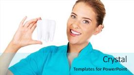  Presentation with dentist - Slides with endodontics - young female dentist holding tooth background and a  colored foreground