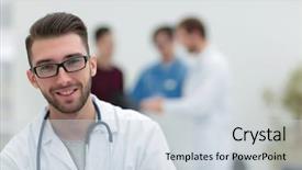  Presentation with endoscope - Audience pleasing theme consisting of endoscope - handsome doctor on blurred background backdrop and a  colored foreground