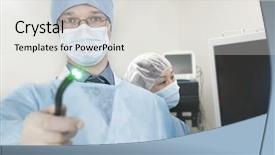  Presentation with instrument - Colorful slide set enhanced with endoscopy - portrait of young surgeon holding backdrop and a light gray colored foreground