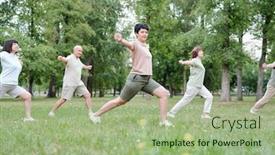  Presentation with aerobics - Amazing PPT theme having energetic-fitness-coach-giving-aerobics backdrop and a mint green colored foreground