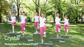  Presentation with group fitness - Amazing slide deck having energetic group of a young women doing fitness exercises outdoor on a sunny day backdrop and a tawny brown colored foreground