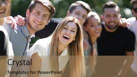  Presentation with fried egg close up view - Colorful presentation enhanced with energetic team - close up group of friends backdrop and a  colored foreground