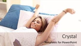  Presentation with stretching - PPT layouts consisting of energized - picture of happy woman stretching background and a coral colored foreground