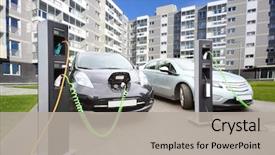  Presentation with cars - Beautiful presentation design featuring energy - two electric cars recharged backdrop and a light gray colored foreground