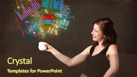  Presentation with call out diagrams - Beautiful slides featuring energy accounting analysis - businesswoman standing and holding backdrop and a  colored foreground