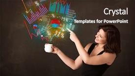  Presentation with white - Colorful slides enhanced with energy accounting analysis - businesswoman standing and holding backdrop and a  colored foreground