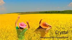  Presentation with field - Cool new slides with energy attractions - happy young women on field backdrop and a  colored foreground