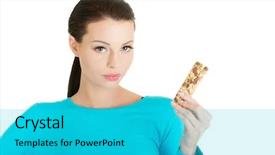  Presentation with cereal - PPT theme enhanced with energy bars - young woman eating cereal candy background and a cyan colored foreground