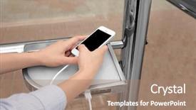  Presentation with mobile charging - Slides having energy bus - young woman charging mobile phone background and a coral colored foreground