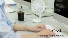  Presentation with work anniversary 10 - Audience pleasing presentation theme consisting of energy company - businesswoman at work backdrop and a coral colored foreground