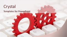 Presentation with computer keyboard and mouse - Colorful presentation design enhanced with energy company - two red gears on computer backdrop and a sky blue colored foreground