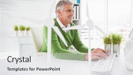 Presentation with wind turbines - Presentation theme enhanced with energy computer - casual businessman working with model background and a white colored foreground