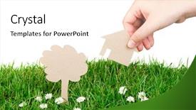  Presentation with hold hand - Cool new PPT layouts with energy conservation white - hand hold paper cut backdrop and a white colored foreground