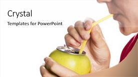  Presentation with golden apple - Theme enhanced with energy drink cans - woman drinking fresh apple juice background and a white colored foreground
