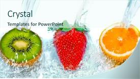  Presentation with fruit energy drink - PPT theme featuring energy drink minnerals vitamins - fresh fruit jumping into water background and a cool aqua colored foreground