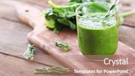  Presentation with empty of wood table top - PPT layouts with energy drink minnerals vitamins - glass of spinach juice background and a  colored foreground