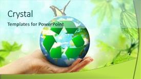  Presentation with energy conservation and recycle - Slide set consisting of energy efficiency awareness - female hand holding globe background and a cool aqua colored foreground