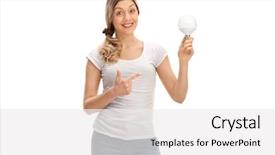  Presentation with led light - Colorful presentation design enhanced with energy efficiency awareness - happy woman holding a led backdrop and a white colored foreground