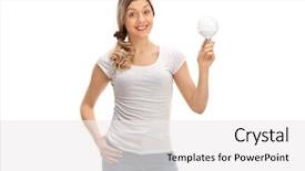  Presentation with light led - PPT theme with energy efficiency awareness - joyful woman holding a led background and a white colored foreground