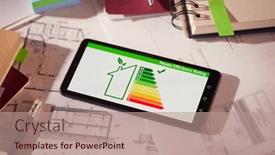  Presentation with energy efficiency - PPT theme having energy-efficiency-screen-on-cellphone background and a coral colored foreground