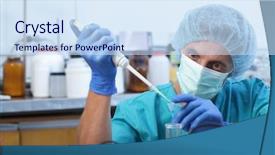  Presentation with experiment water in beaker - PPT theme featuring energy green chemistry - laboratories experiment background and a sky blue colored foreground