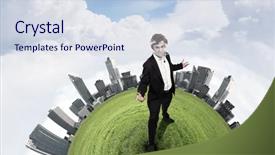  Presentation with green chemistry - Beautiful presentation theme featuring energy green chemistry - young businessman with tie protecting backdrop and a sky blue colored foreground