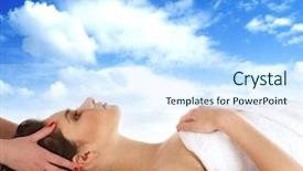  Presentation with treatment - Audience pleasing PPT layouts consisting of energy healing - spa treatment over sky background backdrop and a sky blue colored foreground