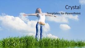  Presentation with kids fly - Beautiful PPT theme featuring energy life - happy young woman dreams backdrop and a light blue colored foreground