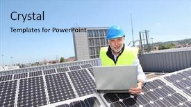  Presentation with management energy - Audience pleasing theme consisting of industrial energy management - engineer checking photovoltaic installation backdrop and a light blue colored foreground