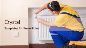 Presentation with contractor - PPT theme with energy mechanic - young repairman contractor repairing heating background and a lemonade colored foreground