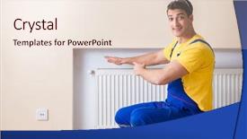  Presentation with diversity heating and cooling - Beautiful PPT theme featuring energy mechanic - young repairman contractor repairing heating backdrop and a lemonade colored foreground