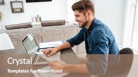  Presentation with man looking up happy - Beautiful theme featuring analyzing text - photo of happy man using backdrop and a coral colored foreground