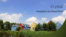  Presentation with cells solar - Audience pleasing presentation theme consisting of energy saving houses with solar cells on the roof backdrop and a light blue colored foreground