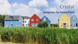  Presentation with cells solar - PPT theme featuring energy saving houses with solar cells on the roof background and a light blue colored foreground