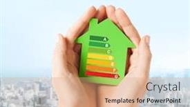  Presentation with hands saving - Slide deck featuring energy saving real estate and family home concept - closeup of female hands holding green paper house with energy efficiency rating background and a coral colored foreground