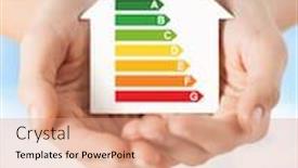  Presentation with hands saving - Presentation theme consisting of energy saving real estate and family home concept - closeup of female hands holding white paper house with energy efficiency rating background and a coral colored foreground