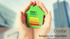  Presentation with hands saving - PPT theme consisting of energy saving real estate and family home concept - closeup of female hands holding green paper house with energy efficiency rating background and a coral colored foreground