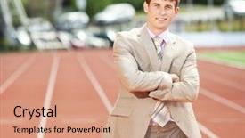  Presentation with race track - Beautiful PPT layouts featuring energy service company - businessman sport manager and executive backdrop and a  colored foreground