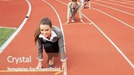  Presentation with race track - Presentation theme having energy service company - businesswoman at athletic stadium background and a  colored foreground