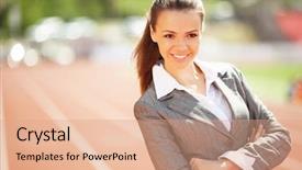  Presentation with race track - Presentation having energy service company - businesswoman sport manager and executive background and a  colored foreground