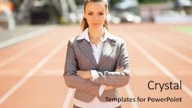 Presentation with race track - Slides with energy service company - businesswoman sport manager and executive background and a  colored foreground