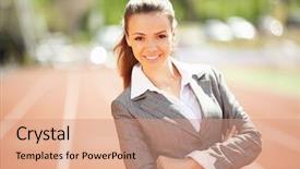  Presentation with race track - Theme featuring energy service company - businesswoman sport manager and executive background and a  colored foreground