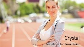  Presentation with race track - Beautiful presentation theme featuring energy service company - businesswoman sport manager and executive backdrop and a  colored foreground