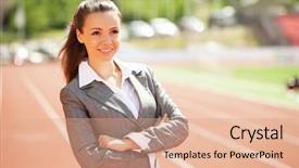  Presentation with race track - Colorful presentation theme enhanced with energy service company - businesswoman sport manager and executive backdrop and a coral colored foreground