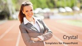  Presentation with race track - PPT theme enhanced with energy service company - businesswoman sport manager and executive background and a  colored foreground