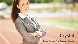  Presentation with race track - Audience pleasing slides consisting of energy service company - businesswoman sport manager and executive backdrop and a  colored foreground