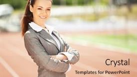  Presentation with race track - Beautiful PPT theme featuring energy service company - businesswoman sport manager and executive backdrop and a  colored foreground