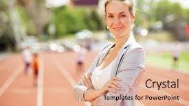  Presentation with race track - Cool new PPT theme with energy service company - businesswoman sport manager and executive backdrop and a  colored foreground