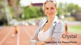  Presentation with race track - Colorful PPT theme enhanced with energy service company - businesswoman sport manager and executive backdrop and a  colored foreground